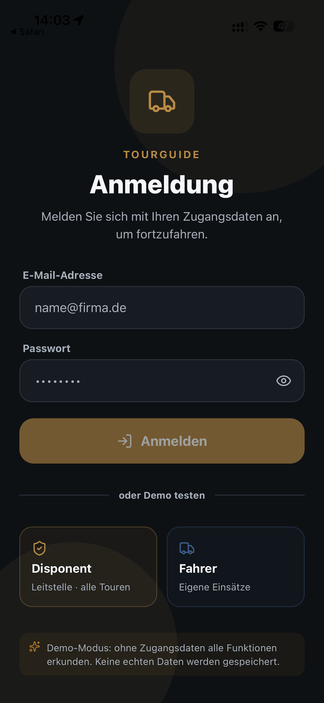 Anmeldung der Begleitfirma Tourguide App im dunklen Design