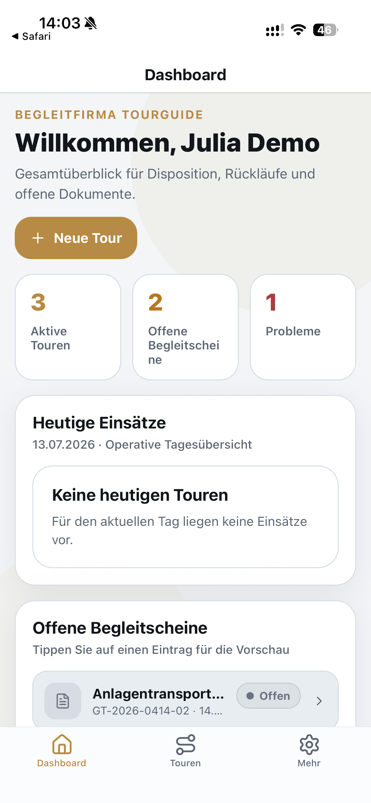 Dashboard der Begleitfirma Tourguide App mit Übersicht zu Einsätzen und Begleitscheinen