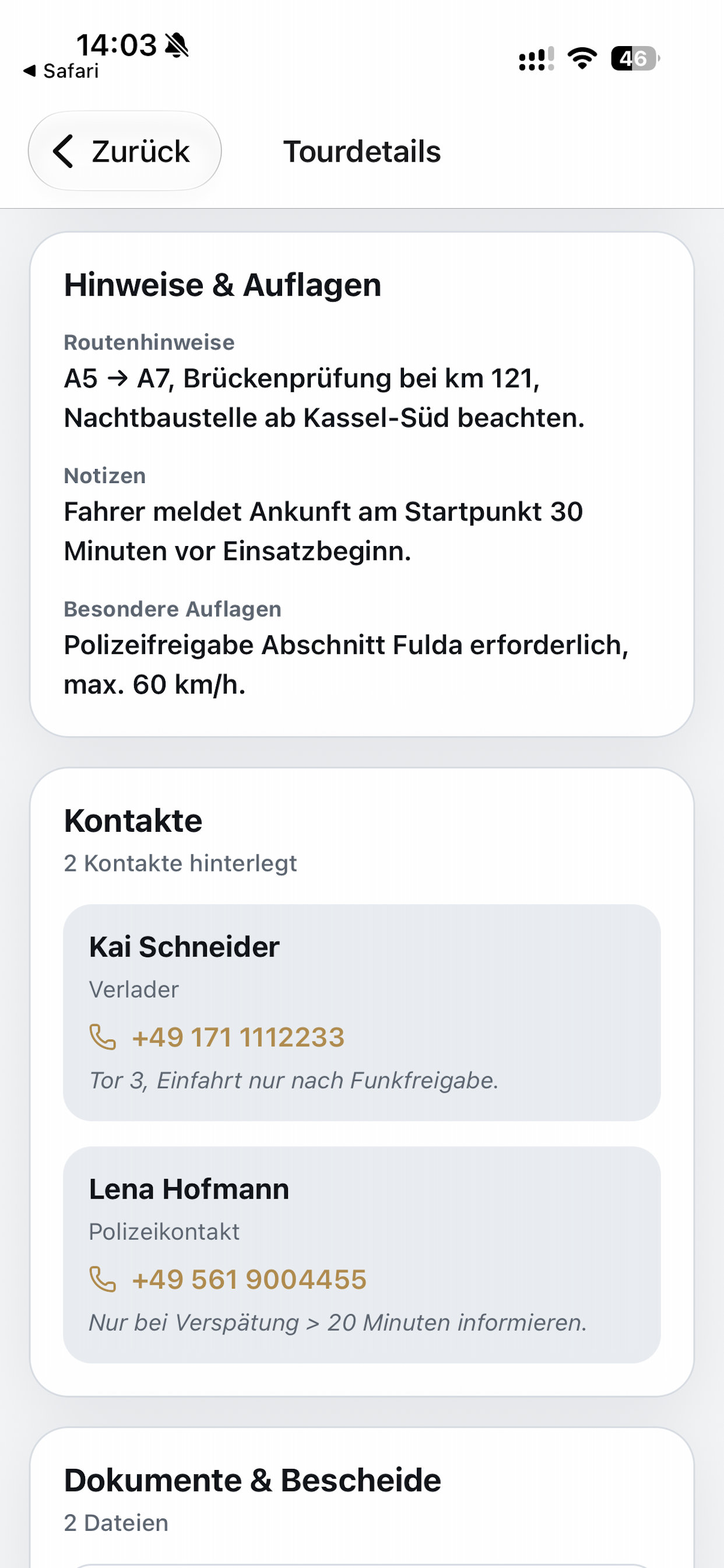 Tourdetails mit Routenhinweisen, Auflagen und Kontakten