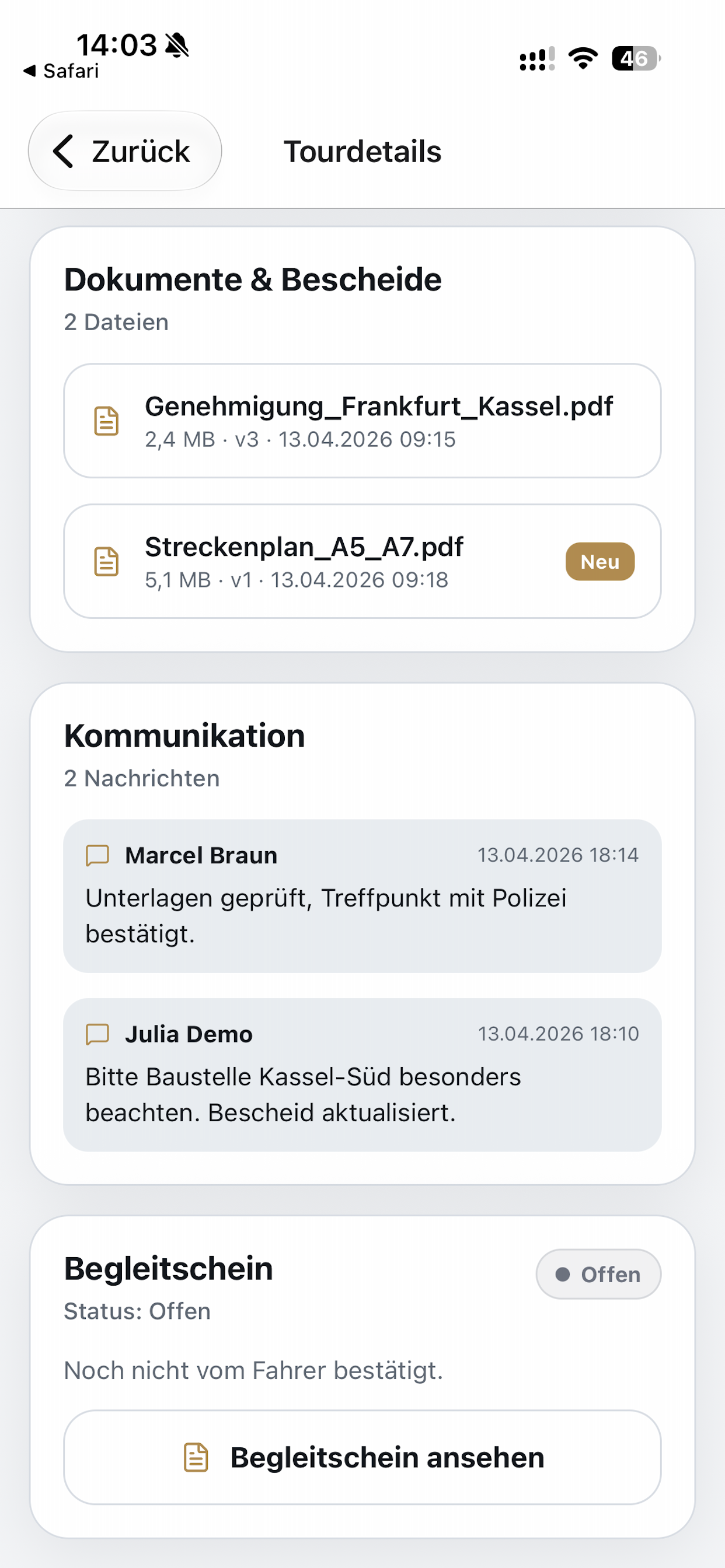 Dokumente, Kommunikation und digitaler Begleitschein
