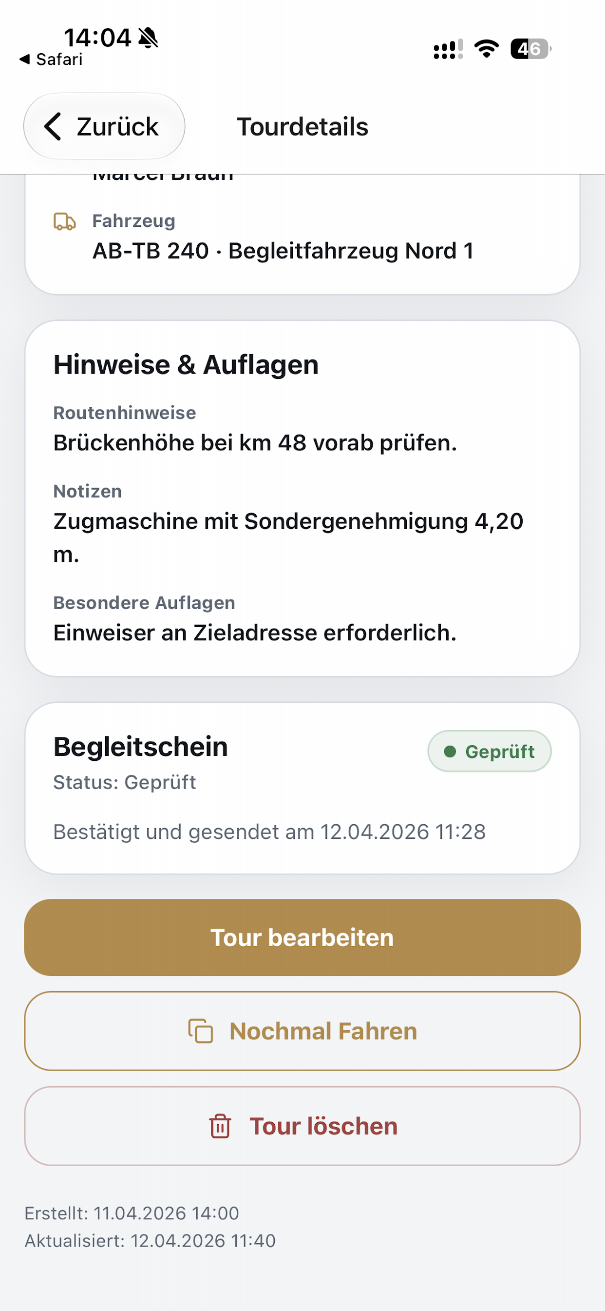 Geprüfter digitaler Begleitschein in der Tourdetailansicht